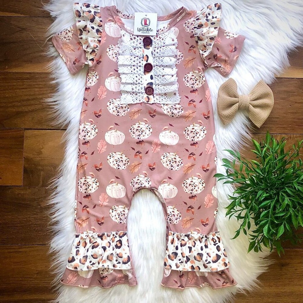 Wellington Designs Girls Leopard Pumpkin Romper, Sz 3/6 NWT